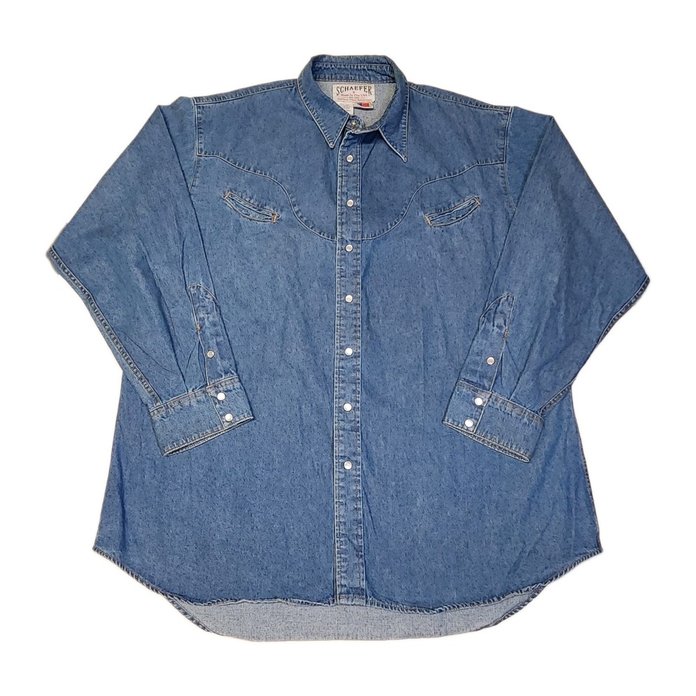 Vintage Schaefer 6060 Chisholm Denim Shirt 2XL USA Western Pearl Snap Cowboy